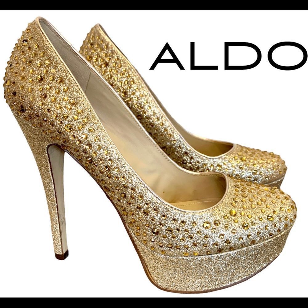 Aldo Gold glitter rhinestone platform high heel pumps size 7.5🔥